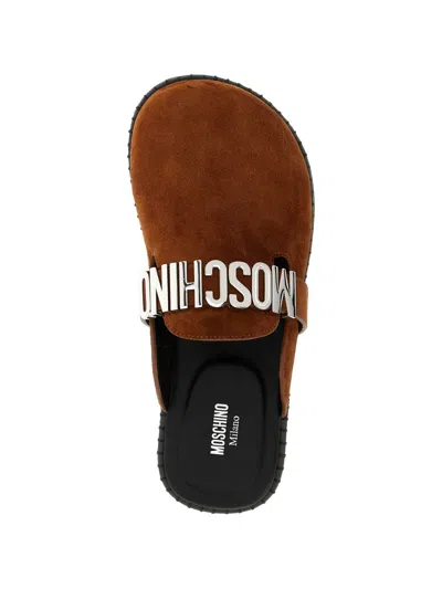 Moschino Lettering Logo-strap Mules In Brown