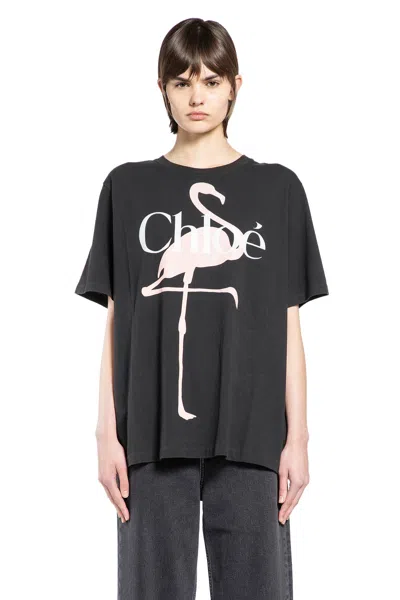 Chloé Women Black Crewneck T-shirt With Maxi Logo Print On The Front In Cotton Woman