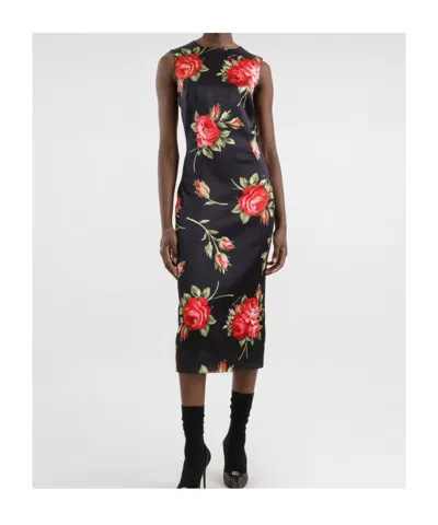 Dolce & Gabbana Women Black Dress With All-over Floral Print In Silk Woman In Multi