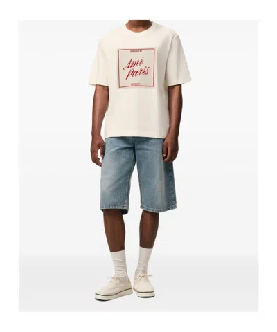 Ami Alexandre Mattiussi Boxy Fit Short Sleeves Teehisrt With Signature Print At Front In Neutral