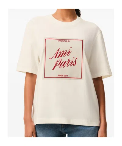 Ami Alexandre Mattiussi Boxy Fit Short Sleeves Teehisrt With Signature Print At Front In Neutral