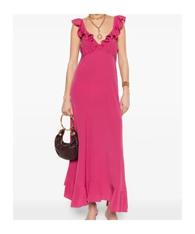 Chloé Maxi Dress Flared Hem Ruffled Neckline In Pink