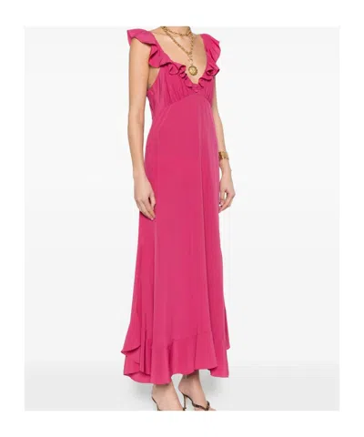 Chloé Maxi Dress Flared Hem Ruffled Neckline In Pink
