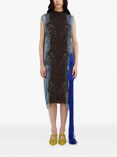 Ferragamo Cuttle Fish Print Silk Sleeveless Shift Dress In Blue