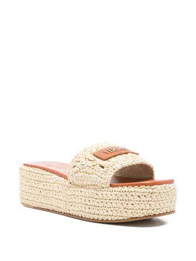 Versace Logo-embellished Raffia Platform Slides In Neutral