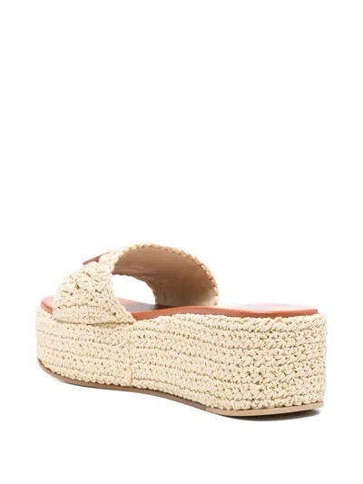 Versace Logo-embellished Raffia Platform Slides In Neutral