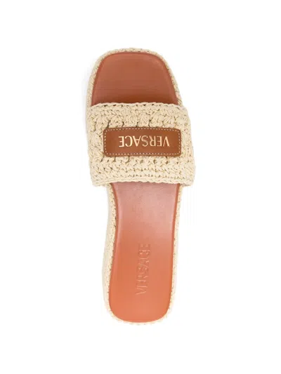 Versace Logo-embellished Raffia Platform Slides In Neutral