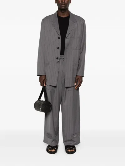 Y-3 Pinstripe-pattern Single-breasted Coat In Gray