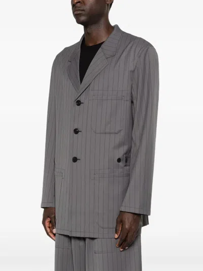Y-3 Pinstripe-pattern Single-breasted Coat In Gray