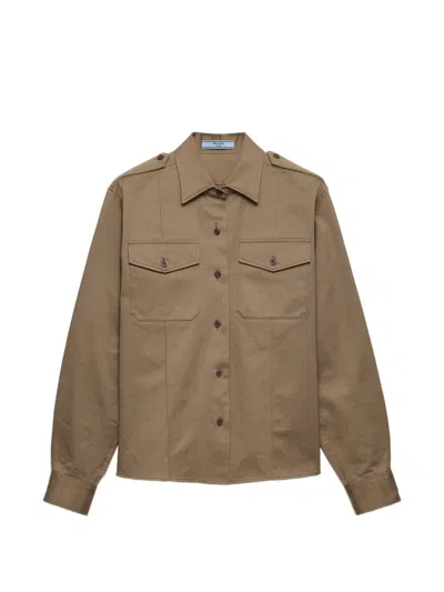 Prada Cotton Poplin Shirt Tailored Collar Button Epaulettes In Brown