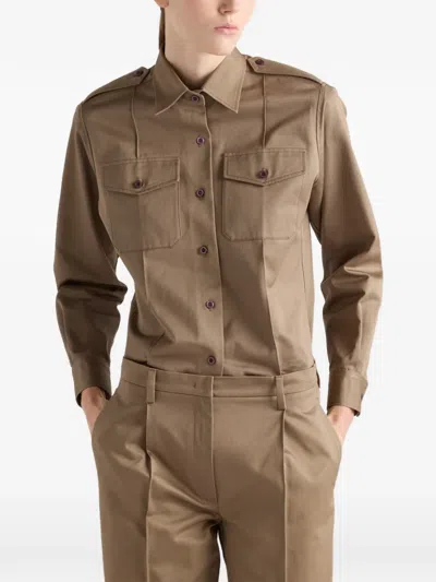 Prada Cotton Poplin Shirt Tailored Collar Button Epaulettes In Brown