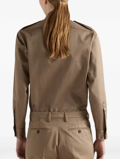 Prada Cotton Poplin Shirt Tailored Collar Button Epaulettes In Brown