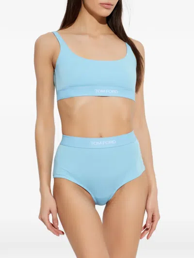 Tom Ford Logo Bandeau Bra Boat Neckline Sleeveless In Blue