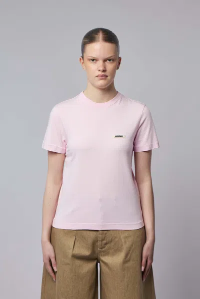 Jacquemus Pink Crew Neck T-shirt With Logo Patch On The Front In Cotton Woman