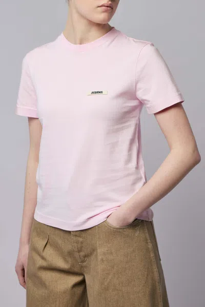 Jacquemus Pink Crew Neck T-shirt With Logo Patch On The Front In Cotton Woman