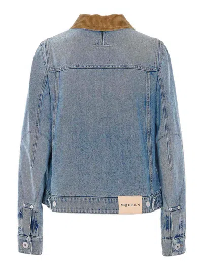 Alexander Mcqueen Fitted Blue Jacket With Peplum Hem And Contrasting Collar In Blue