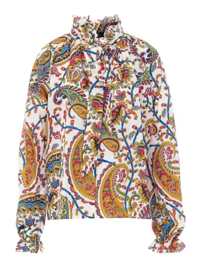 Etro Silk Blend Paisley Print Blouse With Knotted Collar In Multi