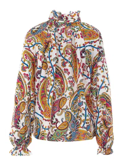 Etro Silk Blend Paisley Print Blouse With Knotted Collar In Multi