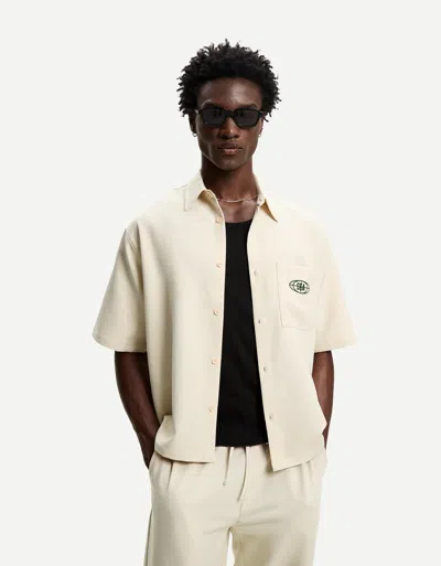 Bershka Tailored Boxy Fit Shirt With Embroidery In Neutral