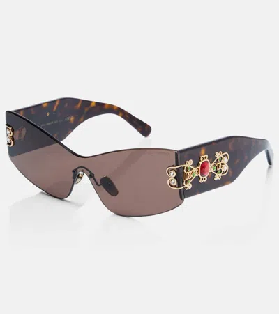 Dolce & Gabbana Embellished Rectangular Sunglasses In Brown