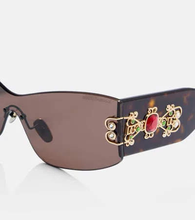 Dolce & Gabbana Embellished Rectangular Sunglasses In Brown