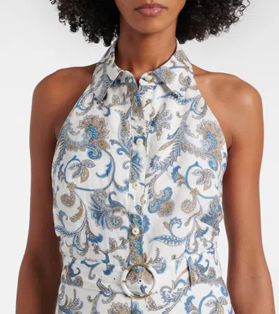 Veronica Beard Mackey Paisley Halter Neck Sleeveless Ramie Shirtdress In Gray