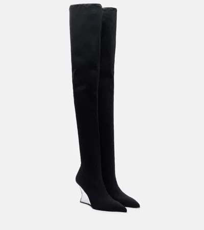 Balmain Knitted Wedge Over-the-knee Boots In Black