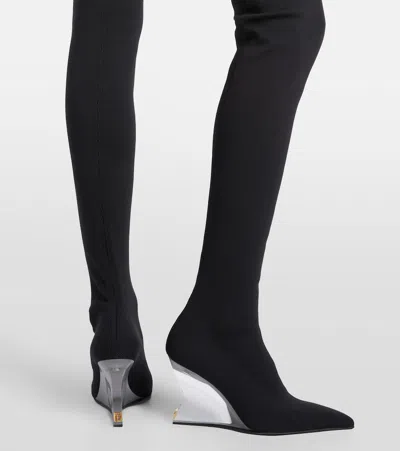 Balmain Knitted Wedge Over-the-knee Boots In Black