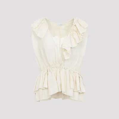 Dries Van Noten Sleeveless Top Elastic Waist Ruffled Neckline In White