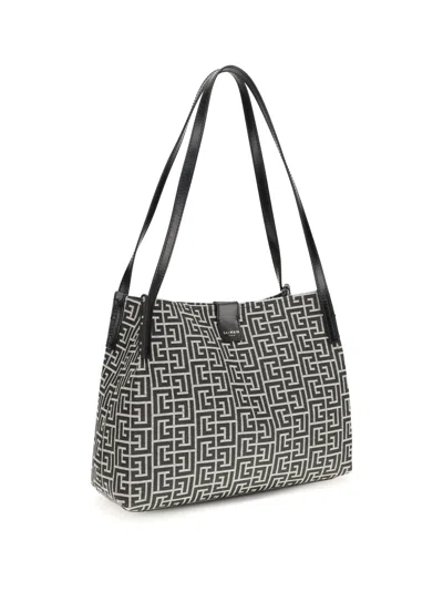 Balmain Medium Tote Bag Double Handles Geometric Pattern In Black