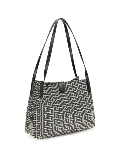 Balmain Medium Tote Bag Double Handles Geometric Pattern In Black