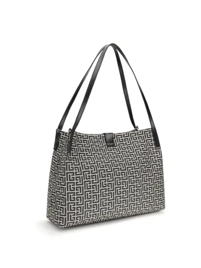 Balmain Medium Tote Bag Double Handles Geometric Pattern In Black