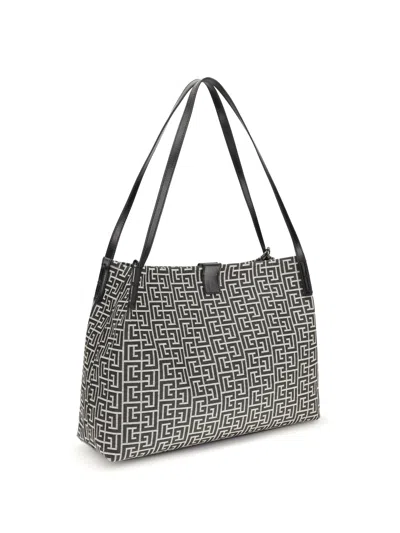 Balmain Medium Tote Bag Double Handles Geometric Pattern In Black