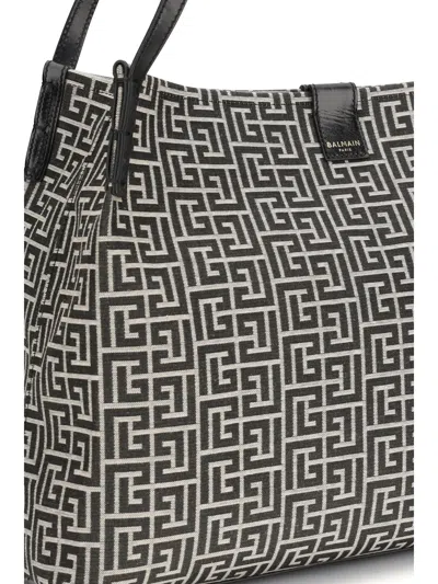 Balmain Medium Tote Bag Double Handles Geometric Pattern In Black
