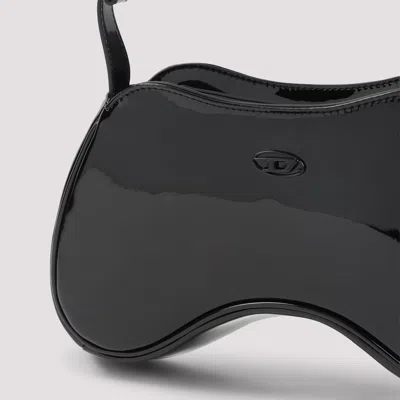 Diesel Play Patent-leather Curved Shoulder Bag In Black