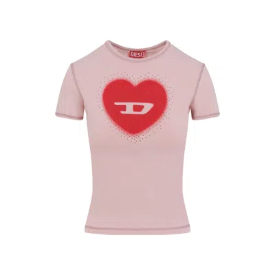 Diesel Women Pink Crew Neck T-shirt With Front Print And Beaded Details In Cotton Woman In Gold
