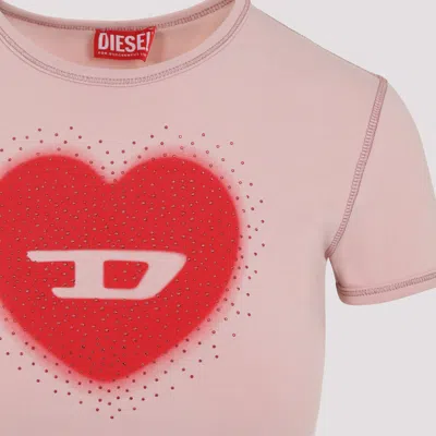 Diesel Women Pink Crew Neck T-shirt With Front Print And Beaded Details In Cotton Woman In Gold