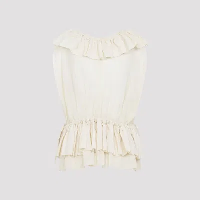 Dries Van Noten Sleeveless Top Elastic Waist Ruffled Neckline In White