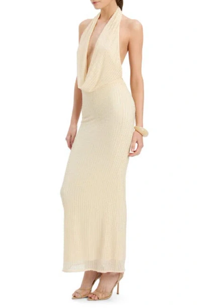 Bardot Nola Beaded Sequin Cowl Halter Maxi Dress In Neutral