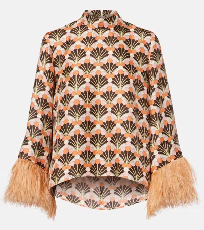 La Doublej Make An Exit Feather-trimmed Printed Silk-twill Top In Orange