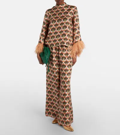 La Doublej Make An Exit Feather-trimmed Printed Silk-twill Top In Orange