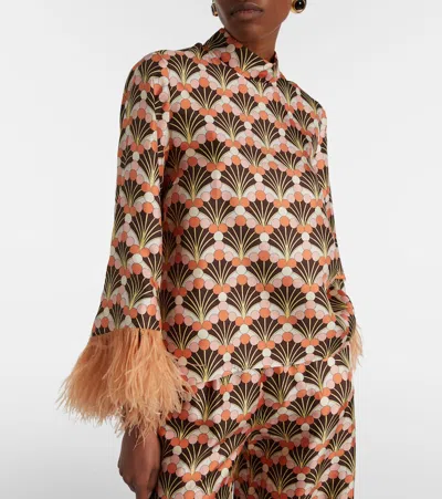 La Doublej Make An Exit Feather-trimmed Printed Silk-twill Top In Orange