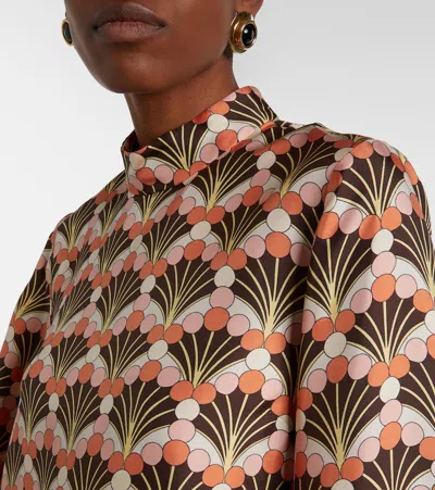 La Doublej Make An Exit Feather-trimmed Printed Silk-twill Top In Orange