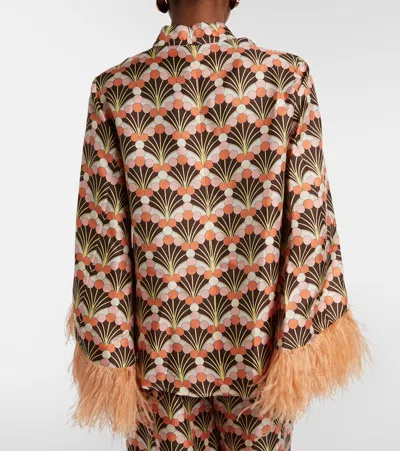 La Doublej Make An Exit Feather-trimmed Printed Silk-twill Top In Orange