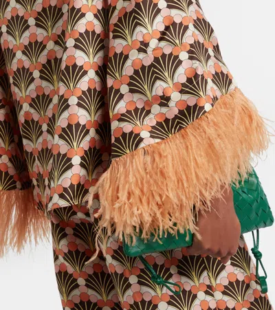 La Doublej Make An Exit Feather-trimmed Printed Silk-twill Top In Orange