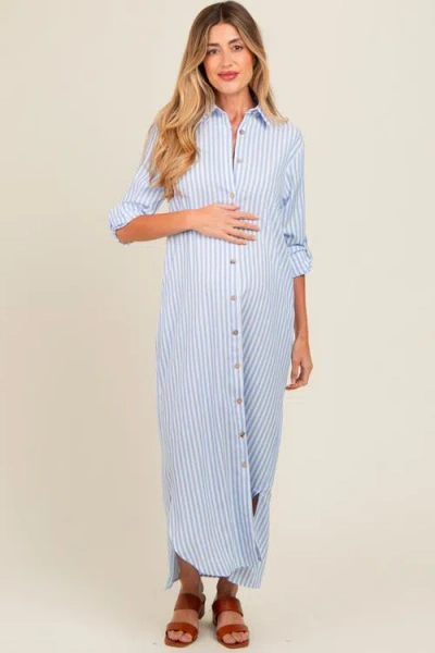 Pinkblush Striped Button Down Maxi Dress In Blue