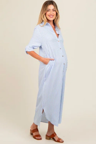 Pinkblush Striped Button Down Maxi Dress In Blue