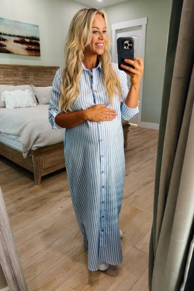 Pinkblush Striped Button Down Maxi Dress In Blue