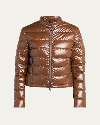 Moncler Papillon Short Down Jacket With Glossy Finish In Brown