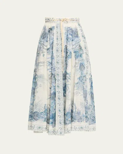 Zimmermann Wanderlust Belted Pleated Printed Cotton Maxi Skirt In Blue